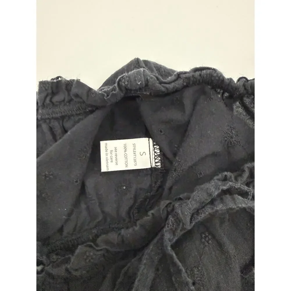 Active USA Black Cotton Eyelet Cropped Cami Tank Top Smocked Boho Size Small